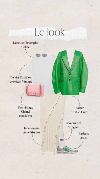 tenue femme avec jupe longue Acne Studios, t-shirt blanc Fizvalley, blazer en cuir vert Katso cuir, sac rose vintage Chanel, baskets Asics