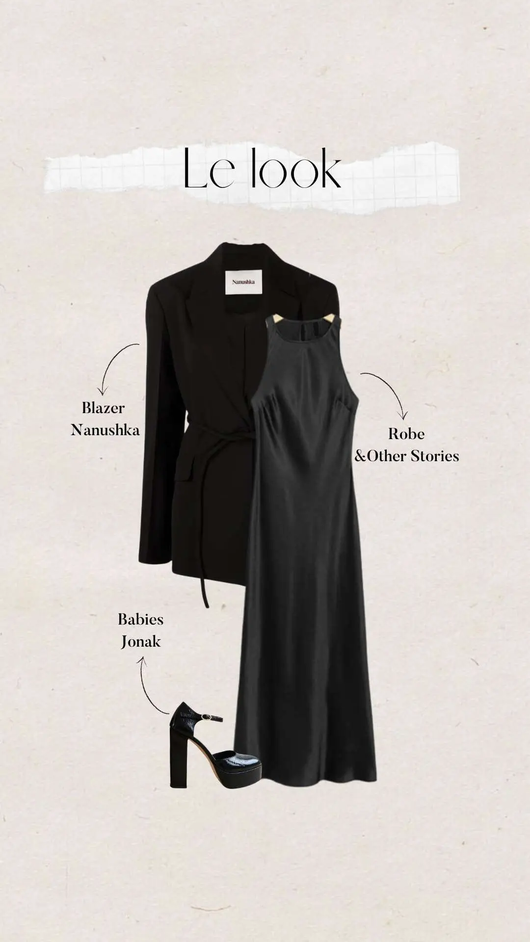 tenue de soirée noire : blazer Nanushka, robe &Other Stories, babies Jonak