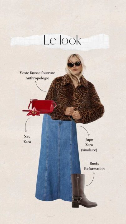 tenue automne femme jupe longue en jeans Zara, veste faussue fourrure leopard, bottes Reformation, sac Zara