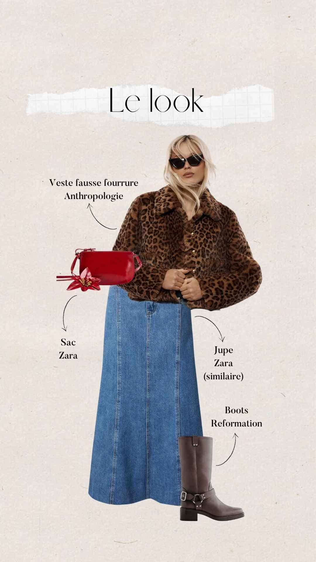 tenue femme hiver : jupe longue en jeans Mango et veste en fausse fourrure léopard