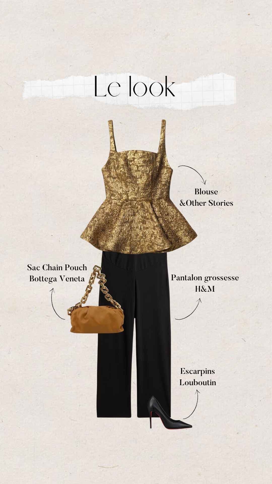 inspiration tenue de fête femme enceinte : pantalon noir avec haut doré et accessoires