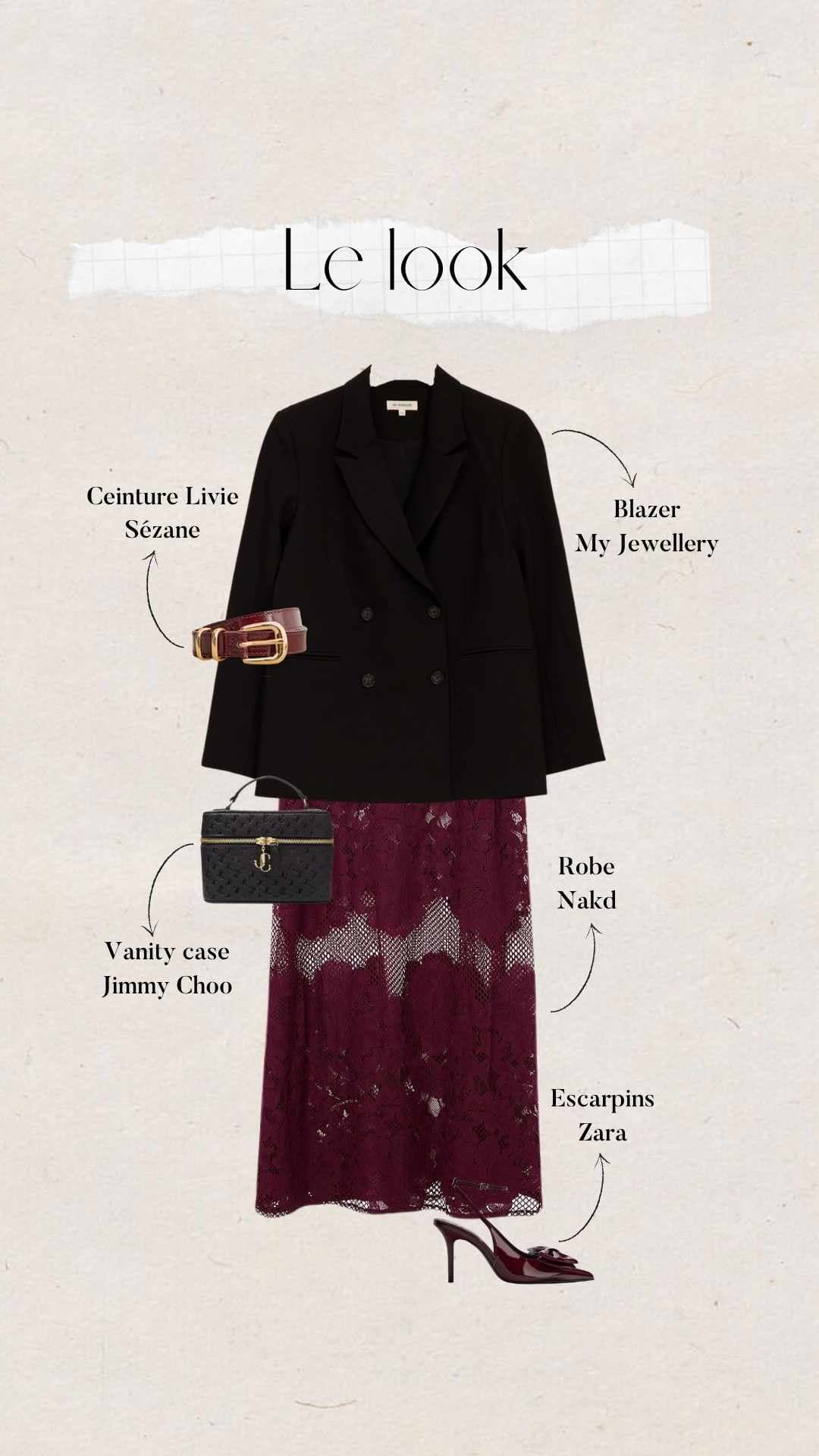 tenue de fêtes : robe longue bordeaux avec blazer noir et accessoires bordeaux