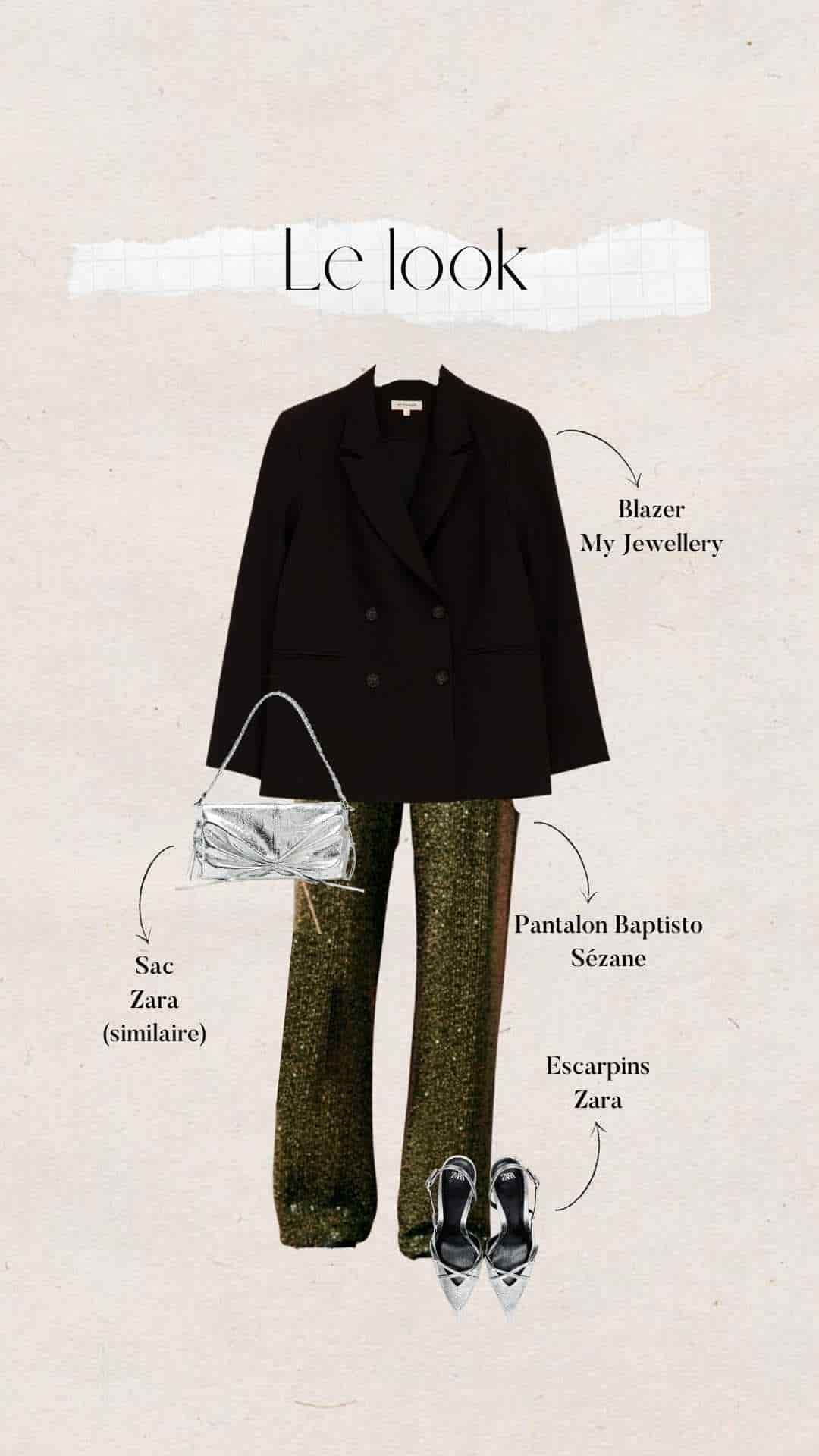 look de fêtes : pantalon ver sequins Sézane avec top et blazer noirs et accessoires argentés