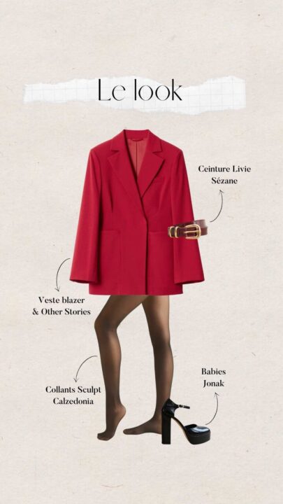 tenue femme avec blazer rouge & Other Stories, ceinture Sézane, Collants Calzedonia et babies Jonak