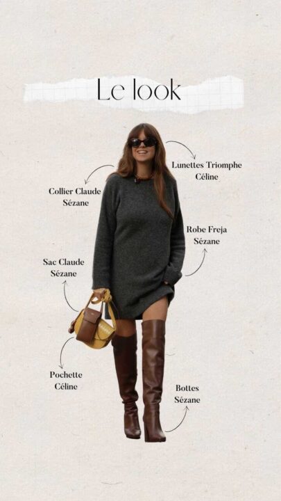 tenue femme automne robe pull, bottes, collier et sac Sézane, lunettes et pochettes Céline