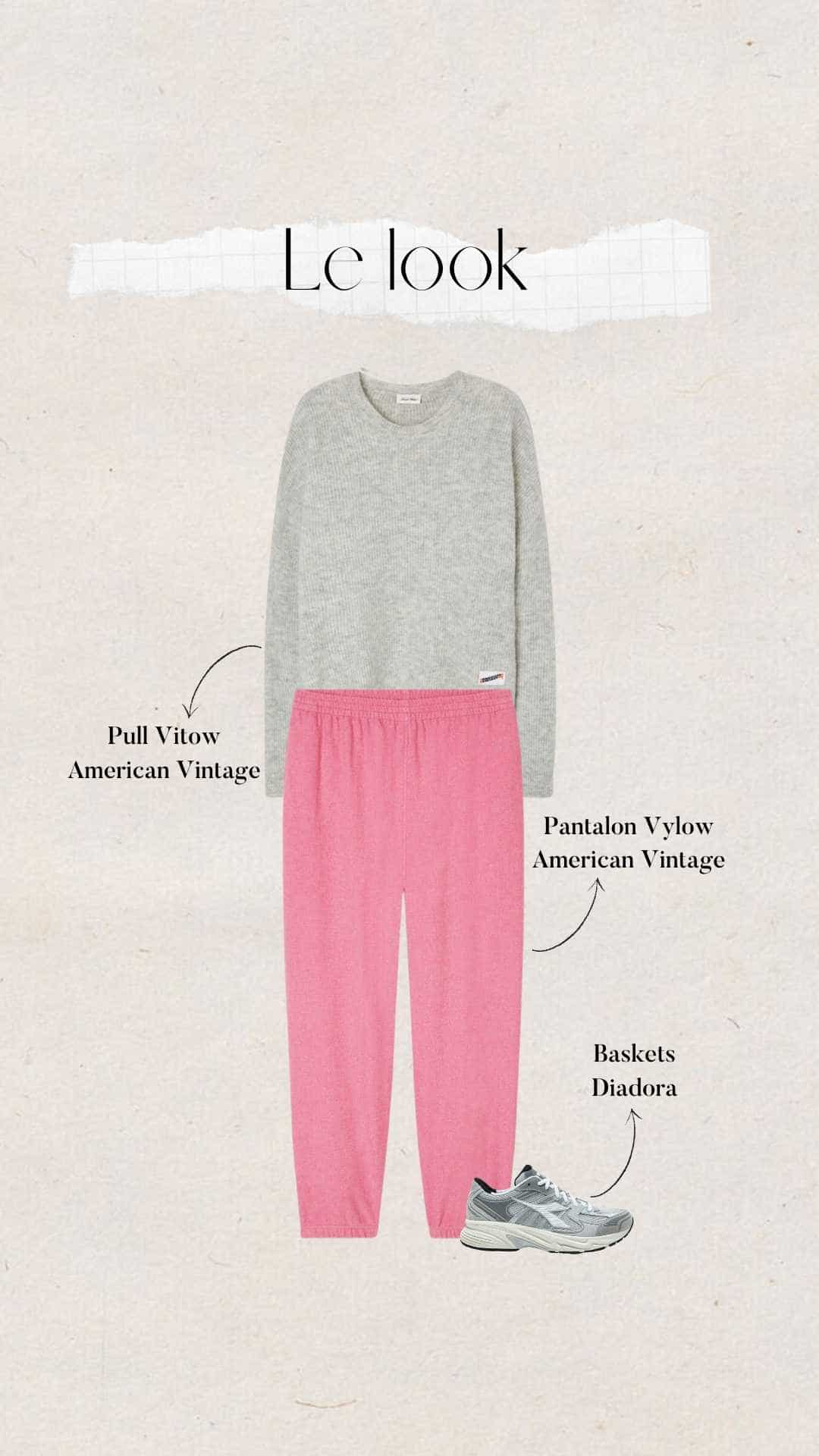 tenue hiver casual : pantalon rose et pull gris American Vintage avec baskets Diadora