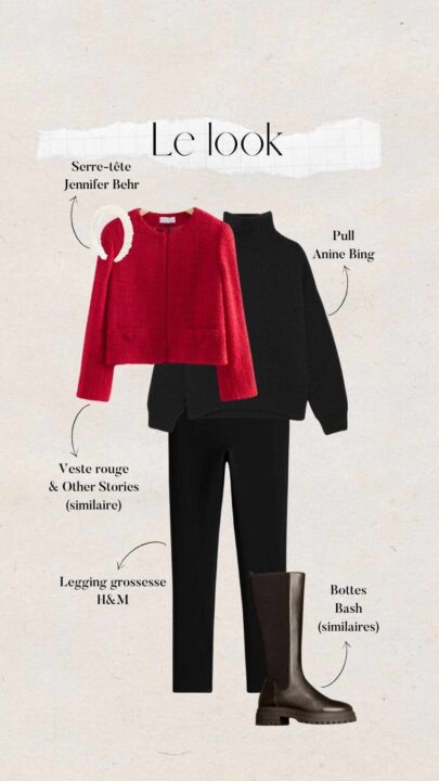 tenue femme avec legging et pull noir, veste rouge, serre-tête à strass et bottes style cavalière