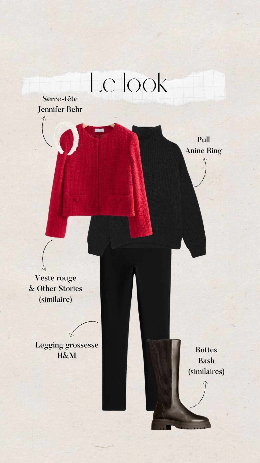 inspirations tenues période de fêtes : look noir avec veste en tweed rouge et serre tête argenté