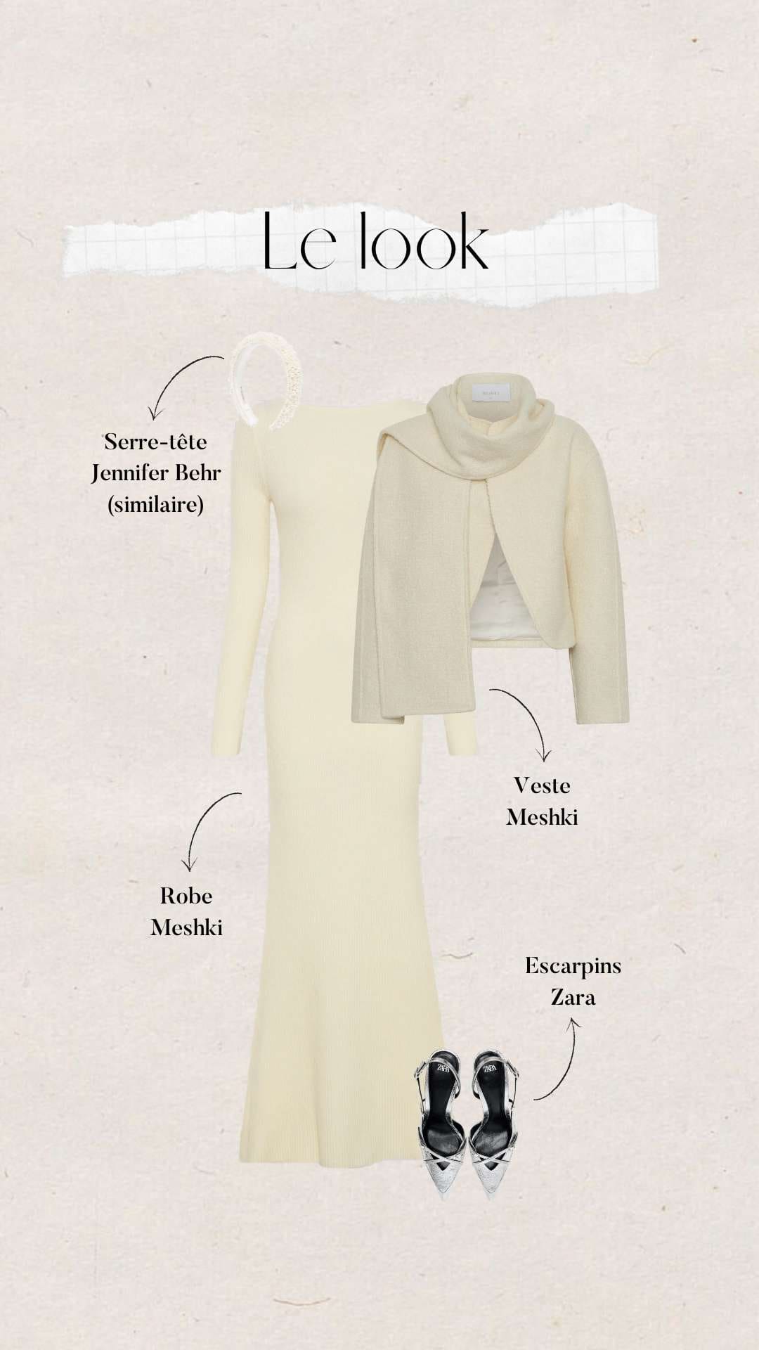 tenues de fêtes : total look blanc avec robe longue et veste Meshki, serre-tête Jennifer Behr et escarpins Zara