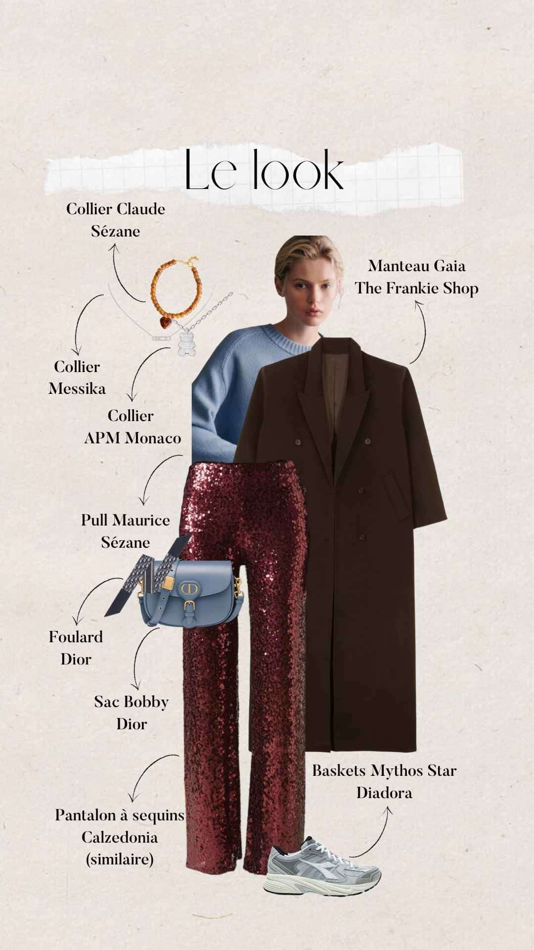 tenue hiver fetes femme enceinte : pantalon à paillettes avec pull en maille Sézane et manteau The Frankie Shop