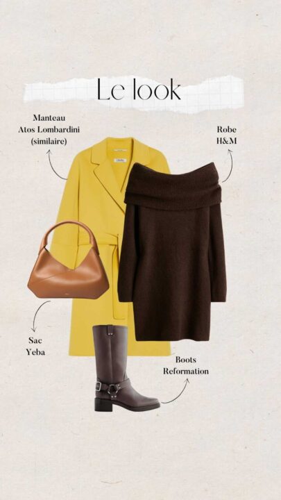 tenue femme avec robe pull marron H&M, manteau jaune, boots Reformation et sac Yeba