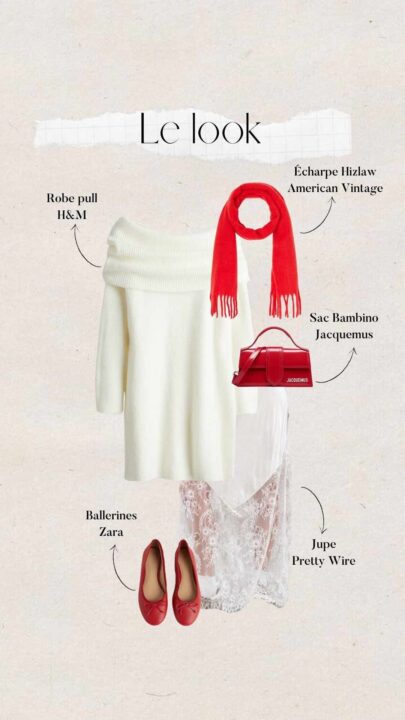 tenue femme grossesse avec robe pull blanche H&M, jupe blanche Pretty Wire, ballerines rouges H&M, sac Bambino rouge Jacquemus, écharpe rouge American Vintage