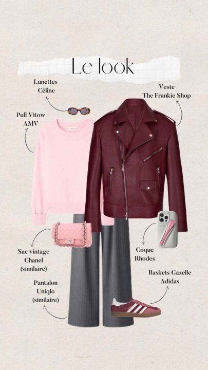 tenue femme tons roses et bordeaux avec veste The Frankie Shop et sac Chanel