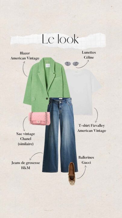 tenue printemps femme avec jeans de grossesse H&M, t-shirt blanc et blazert vert American Vintage, sac Chanel, ballerines Gucci, lunettes de soleil Céline