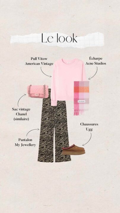 tenue femme pull rose American Vintage, pantalon zèbre My Jewellery, chaussons Ugg, sac rose vintage Chanel, écharpe rose Acne Studios