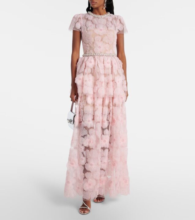 robe longue rose clair fleurie dentelle à volant et ceinture à strass Self-Portrait