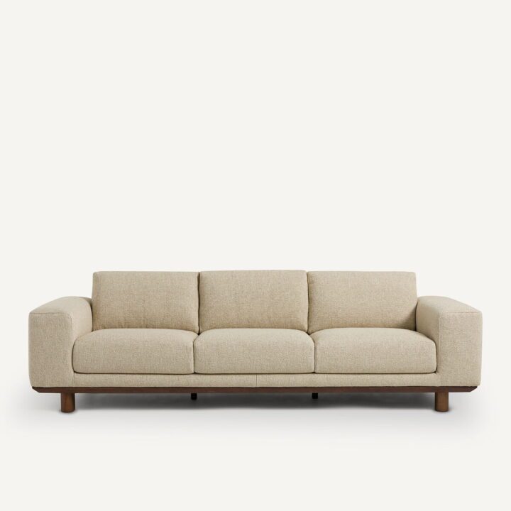 canapé bouclette beige avec pieds en bois La Redoute