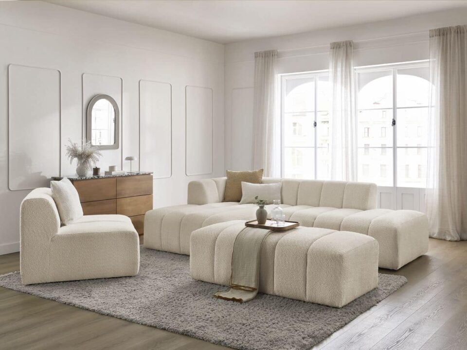 canapé d'angle beige tissu bouclette Bobochic Paris