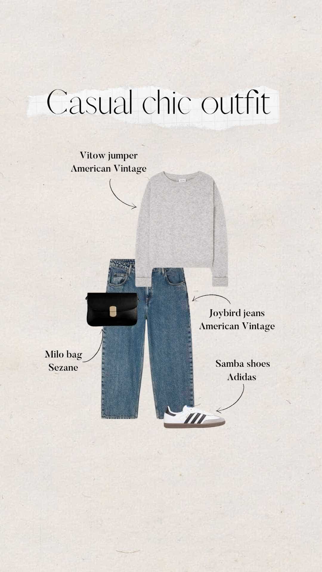  minimalist women's look with light grey knitted jumper and American Vintage jeans, Sézane bag and Adidas Samba trainers