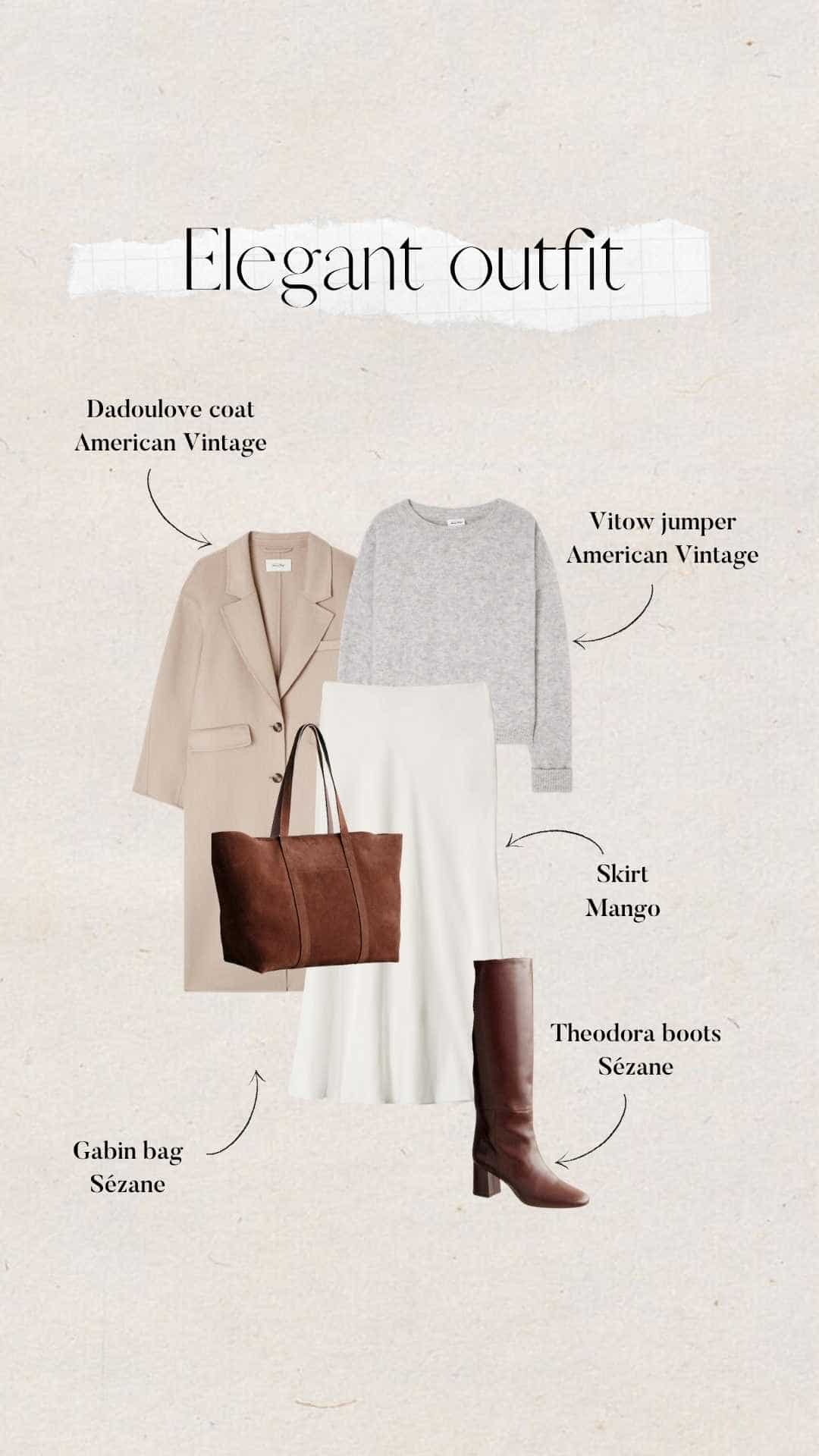 minimalist women's outfit with grey American Vintage knitted jumper, ecru Mango satin skirt, beige trench coat, brown Sézane tote bag and boots