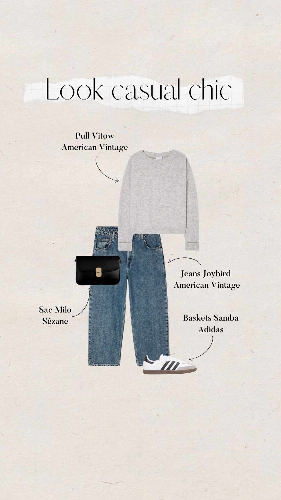 tenue casual chic minimaliste : pull en maille gris clair et jeans American Vintage, sac noir Sézane et baskets Samba Adidas