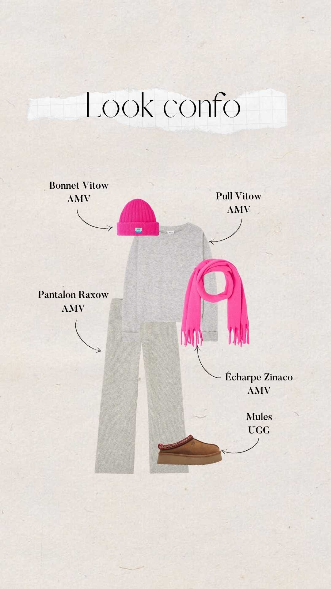 Garde robe capsule : look confo total American Vintage avec pull et pantalon en maille gris, écharpe et bonnet rose et chaussures UGG