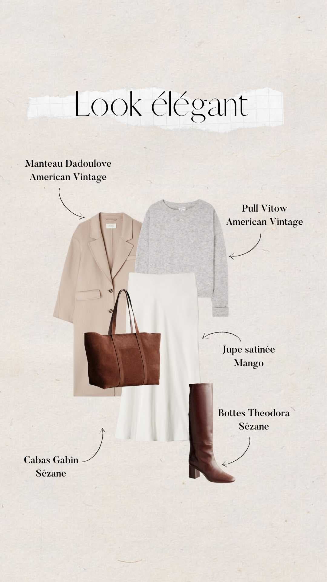look minimaliste chic avec pull en maille gris et manteau American Vintage, jupe satinée écru Mango, bottes et sac Sézane